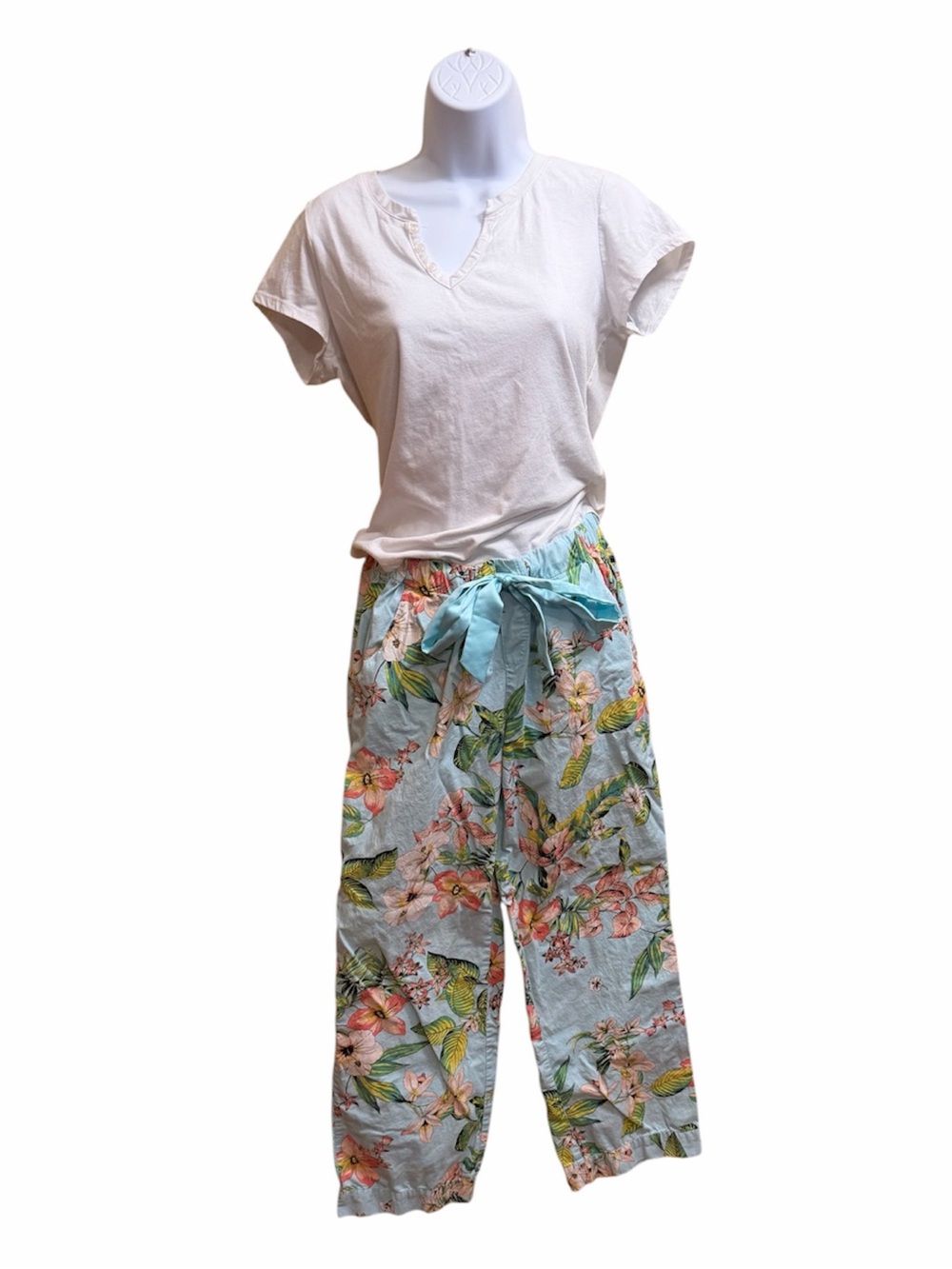 New York & Company White Tee with Light Blue Floral Pajama Pants